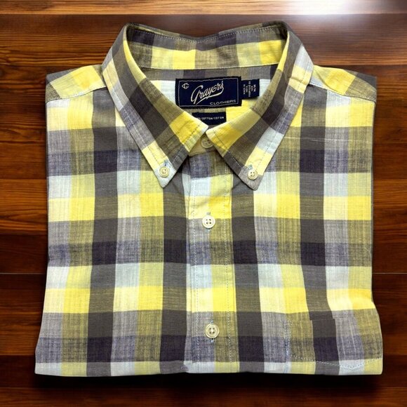Grayers Gray Yellow Check Button Collar Short‎ Sleeve Shirt - Picture 1 of 11